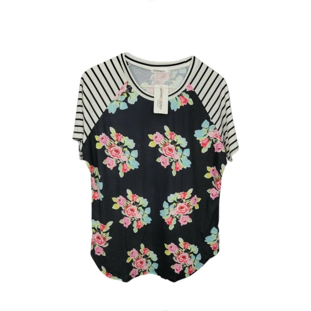 Ceasikery Black and Pink Floral Raglan Sleeve Shirt Size XL